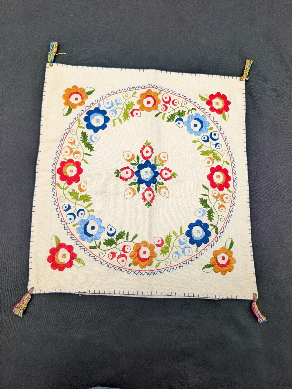 Vintage Hand-Embroidered Floral Canvas Cushion Cover in Cream And Multicolor
